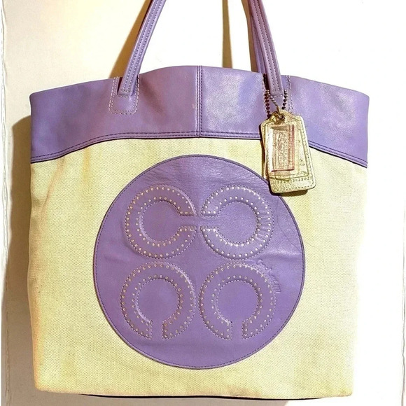 Coach beige canvas leather tote handbag - Picture 1 of 12